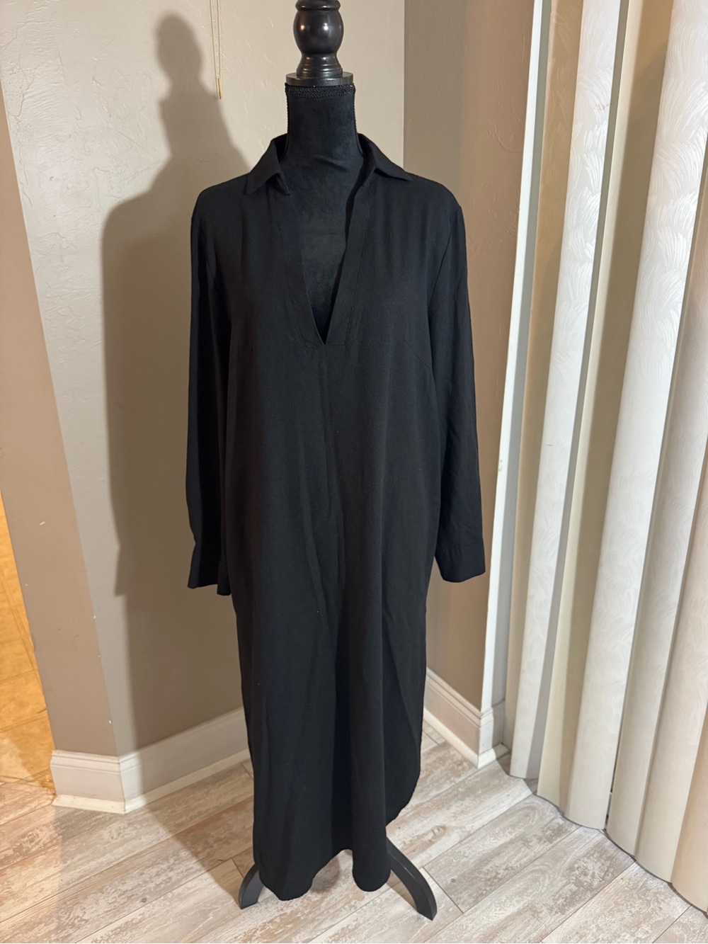 Black Maxi Shirt Dress - Classic V-Neck Long Sleeve